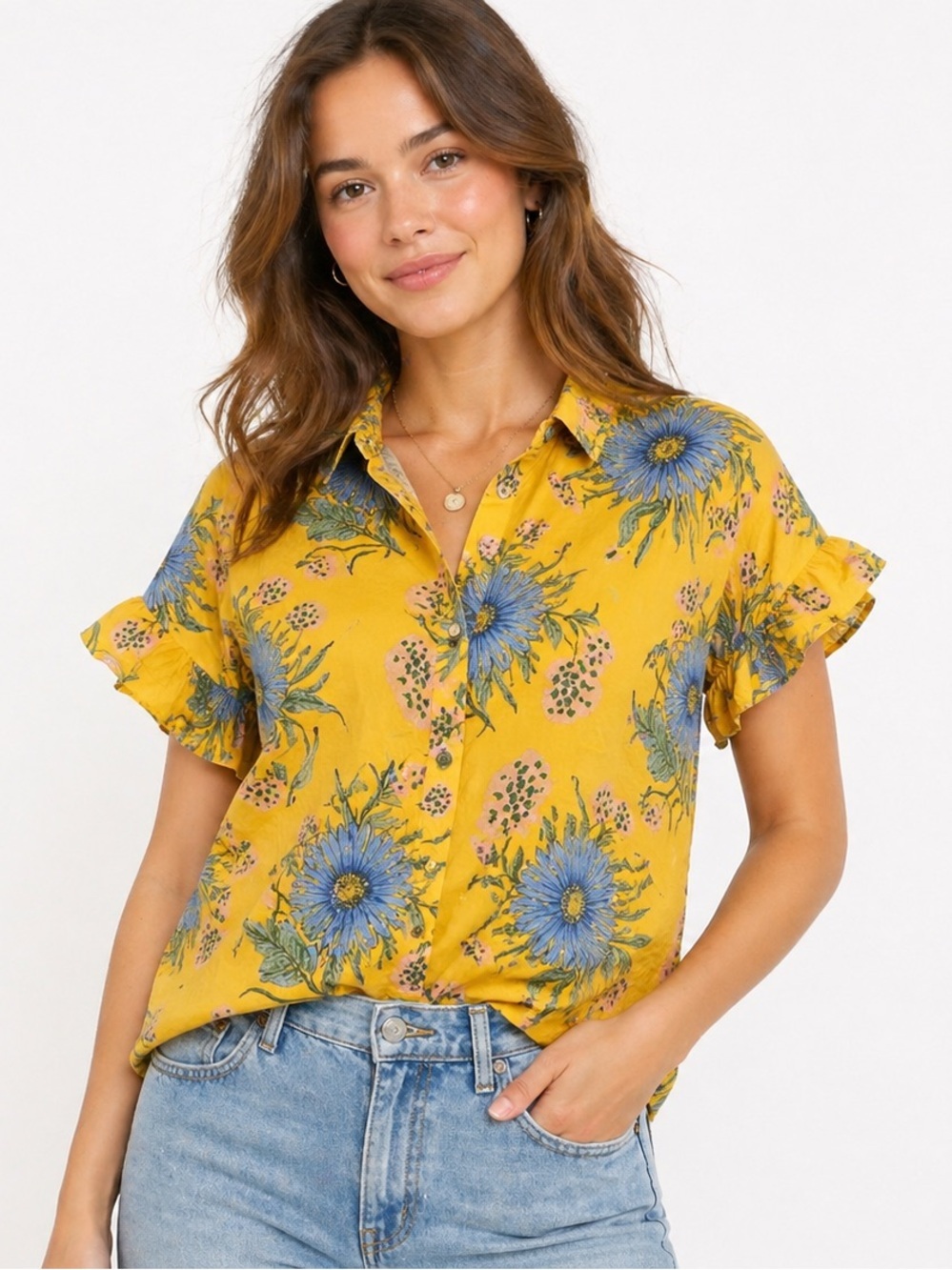 Madewell Floral Cotton Ruffle Sleeve Button Up Shirt Womens Small Yellow